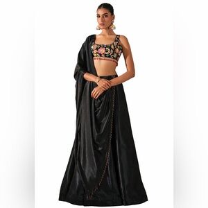 Lashkaara Black Embroidered Satin Lehenga